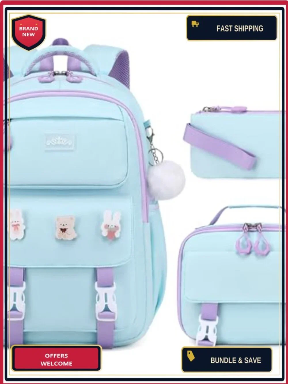 Girls School Backpack Set with Lunch Box and Pencil Case, Waterproof Nylon,